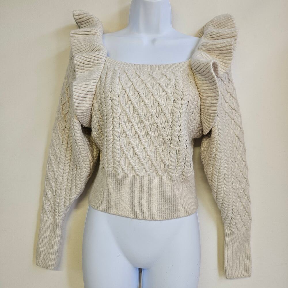 H&M Cream‎ Cable Knit Sweater Size XS Wool Blend Ruffle Sleeves Romantic